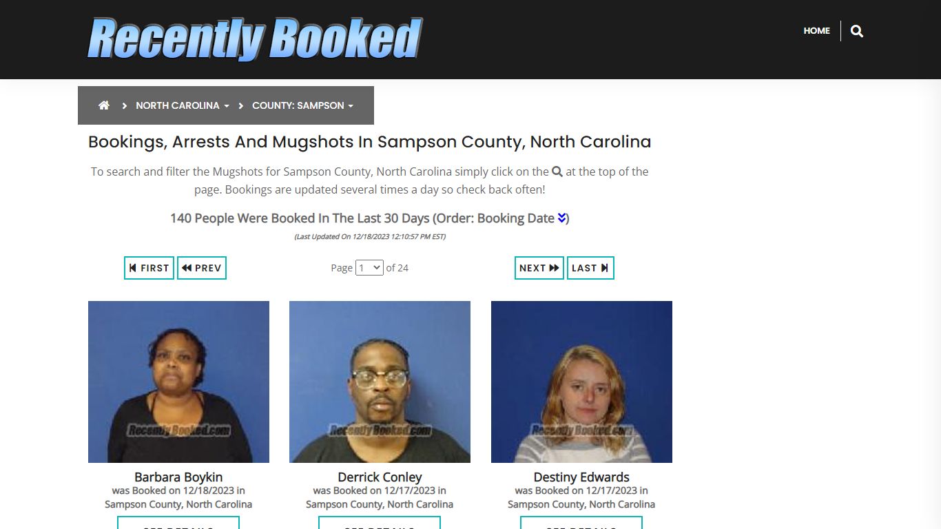 Bookings, Arrests and Mugshots in Sampson County, North Carolina